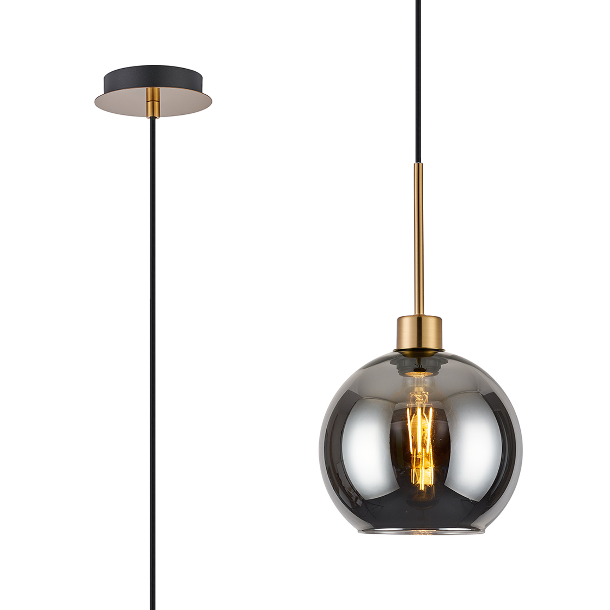 DK1170  Lori 1.7m Single Pendant, 1 Light Adjustable E27, Antique Gold/Smoke Open Mouth Round Globe Shades